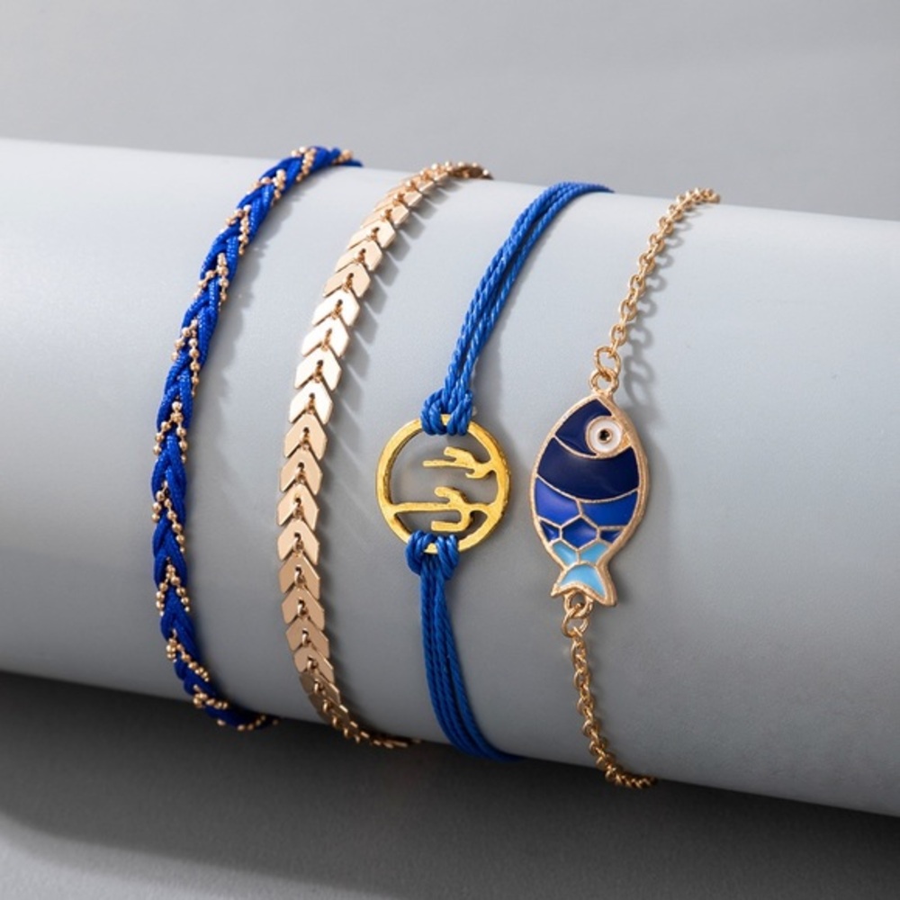 4 piece blue and gold ankle bracelet set
